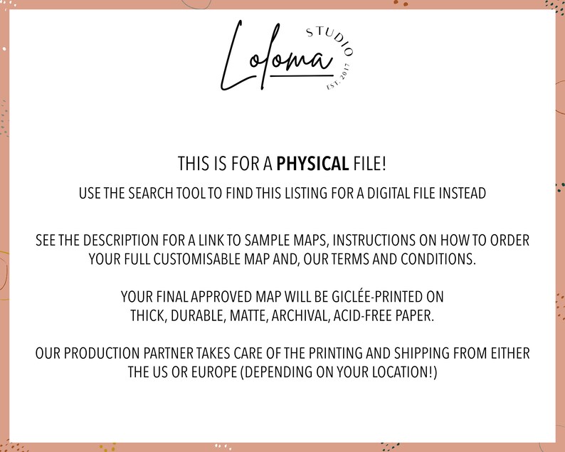 Peut inclure: Texte sur un fond rose qui dit "Ceci est pour un fichier physique&nbsp;! Utilisez l&rsquo;outil de recherche pour trouver cette liste pour un fichier num&eacute;rique &agrave; la place. Consultez la description pour un lien vers des exemples de cartes, des instructions sur la fa&ccedil;on de commander votre carte enti&egrave;rement personnalisable et nos conditions g&eacute;n&eacute;rales. Votre carte finale approuv&eacute;e sera imprim&eacute;e en gicl&eacute;e sur du papier &eacute;pais, durable, mat, d&rsquo;archives et sans acide. Notre partenaire de production s&rsquo;occupe de l&rsquo;impression et de l&rsquo;exp&eacute;dition depuis les &Eacute;tats-Unis ou l&rsquo;Europe (selon votre emplacement&nbsp;!)"
