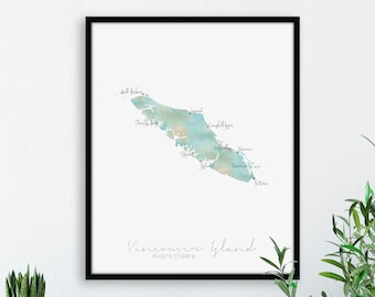 Vancouver Island Canada Map Portrait / Labelled Watercolour / Digital or Printed Wall Art / Large Map Poster / Gift Idea / Giclee Print