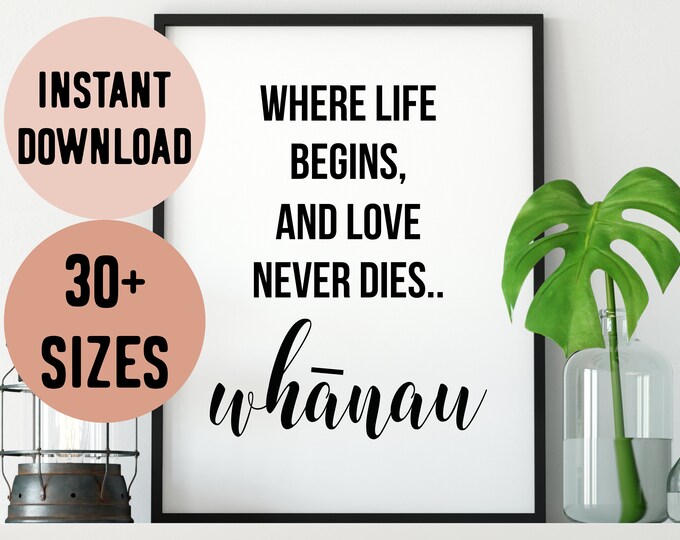 Digital Whanau (Family) Where Life Begins Te Reo Maori Quote Print // New Zealand Wall Art - Maori Family Print - Whānau Quote - Te Reo Art