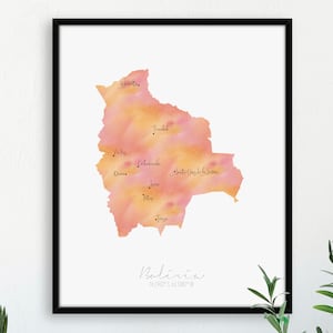 Bolivien Karte Porträt / beschriftetes Aquarell / digitale oder gedruckte Wandkunst / große Karte Poster / Geschenkidee / Giclée Druck / Hausdeko