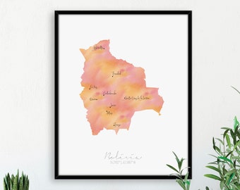 Bolivia Map Portrait / Labelled Watercolour / Digital or Printed Wall Art / Large Map Poster / Gift Idea / Giclee Print / Home Decor