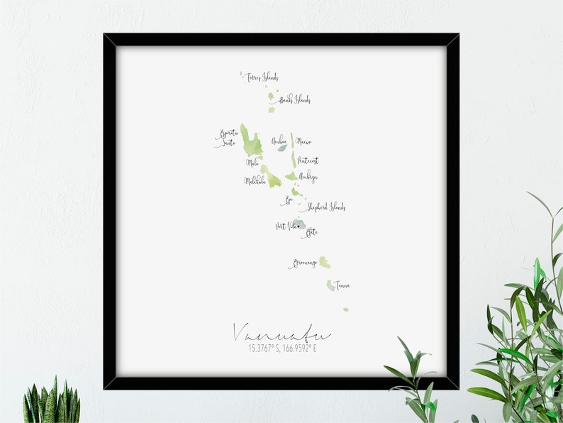 Vanuatu Map Square Labelled Watercolour Digital or Printed Wall Art Large Map Poster Gift Idea Giclee Print Home Decor