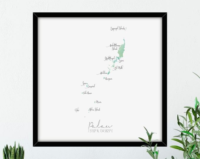 Palau Map Square / Labelled Watercolour / Digital or Printed Wall Art / Large Map Poster / Gift Idea / Giclee Print / Decor