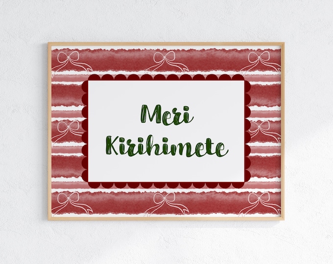 Merry Christmas Pacific Print - Red Stripes Pink Bows - Samoan Fijian Tongan Hawaiian Niuean Tahitian Cook Islands Maori Tuvaluan Tokelaun