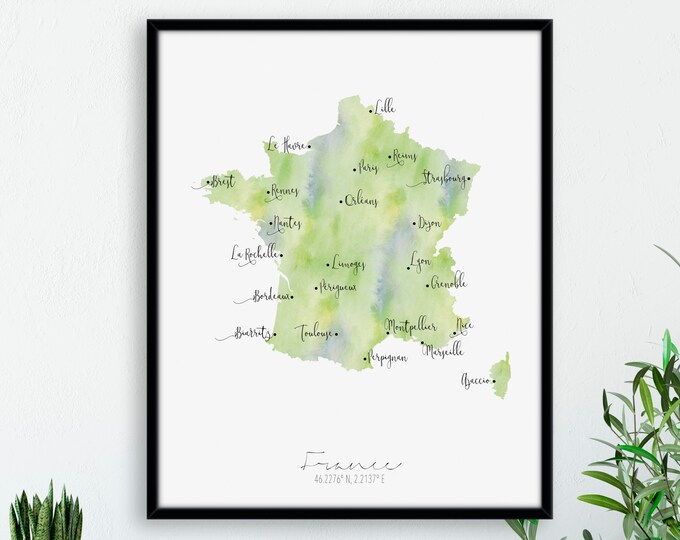 France Map Portrait - Labelled Watercolour