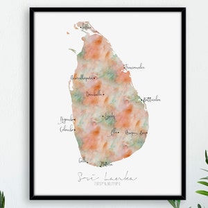 Sri Lanka Karte Porträt / Beschriftetes Aquarell / Digitale oder gedruckte Wandkunst / Große Karte Poster / Geschenkidee / Giclée Print