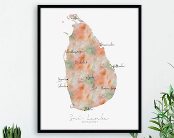 Sri Lanka Map Portrait / Labelled Watercolour / Digital or Printed Wall Art / Large Map Poster / Gift Idea / Giclee Print / Home Decor
