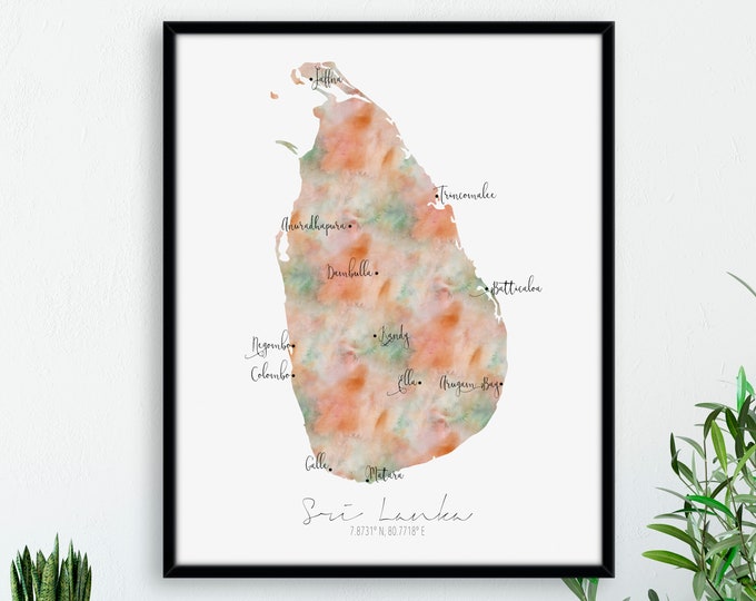 Sri Lanka Map Portrait / Labelled Watercolour / Digital or Printed Wall Art / Large Map Poster / Gift Idea / Giclee Print / Home Decor