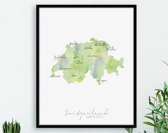 Switzerland Map Portrait / Labelled Watercolour / Digital or Printed Wall Art / Large Map Poster / Gift Idea / Giclee Print / Home Decor