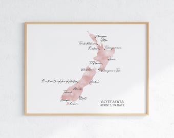 Aotearoa NZ Labelled Watercolour Landscape Map 2