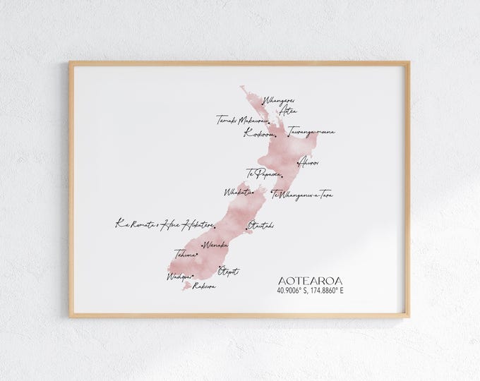 Aotearoa NZ Labelled Watercolour Landscape Map 2