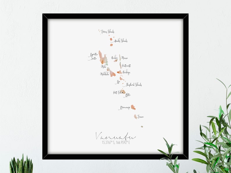 Vanuatu Map Square Labelled Watercolour Digital or Printed Wall Art Large Map Poster Gift Idea Giclee Print Home Decor