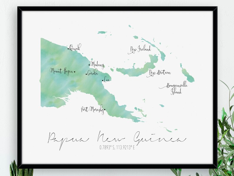Mapa de Papúa Nueva Guinea / Acuarela con etiquetas / Arte mural digital o impreso / Póster de mapa grande / Idea de regalo / Impresión giclée / Decoración del hogar de Oceanía imagen 5