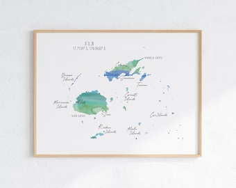 Fiji Labelled Watercolour Landscape Map
