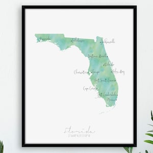 Portret kaart Florida / kaart van de VS met label aquarel / digitale of gedrukte muurkunst / grote kaartposter / cadeau-idee / gicleeprint / woondecoratie