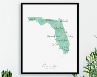 Florida Map Portrait / USA Map Labelled Watercolour / Digital or Printed Wall Art / Large Map Poster / Gift Idea / Giclee Print / Home Decor