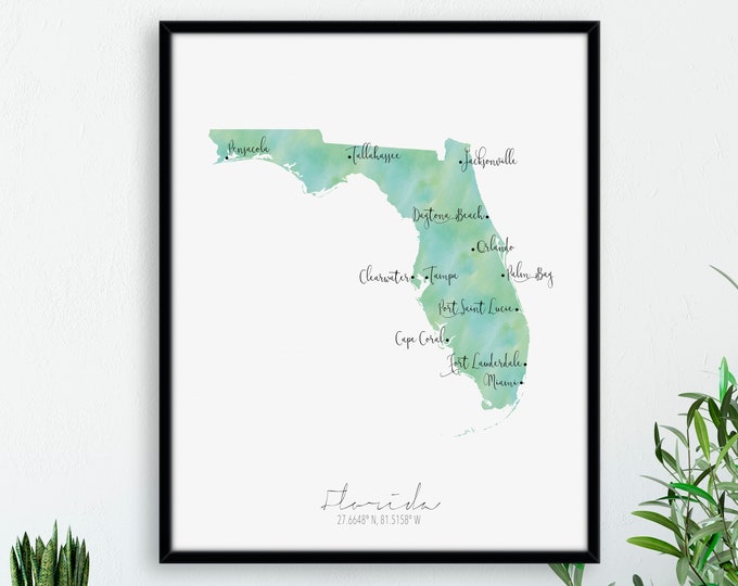 Florida Map Portrait / USA Map Labelled Watercolour / Digital or Printed Wall Art / Large Map Poster / Gift Idea / Giclee Print / Home Decor