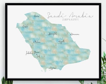 Saudi Arabia  Map  / Labelled Watercolour / Digital or Printed Wall Art / Large Map Poster / Gift Idea / Giclee Print / Home Decor
