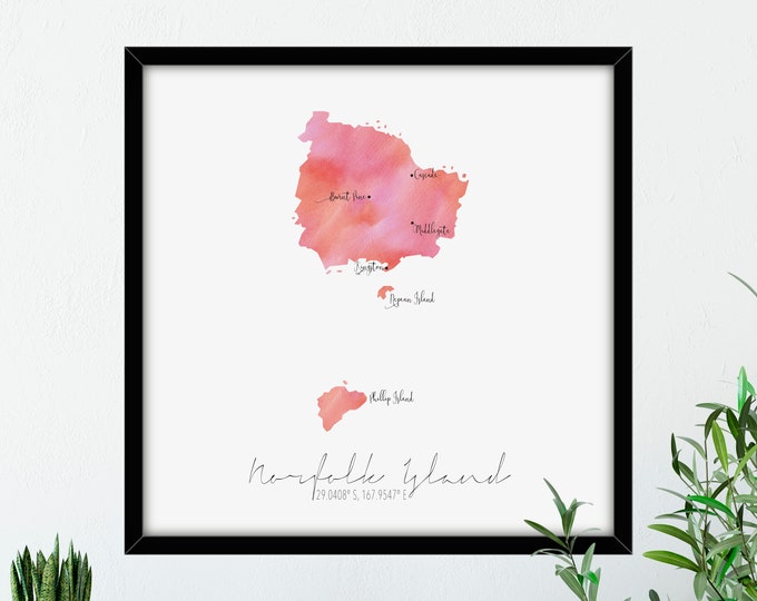 Norfolk Island Map Square / Labelled Watercolour / Digital or Printed Wall Art / Large Map Poster / Gift Idea / Giclee Print
