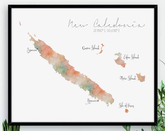 New Caledonia Map / Labelled Watercolour / Digital or Printed Wall Art / Large Map Poster / Gift Idea / Giclee Print / Home Decor