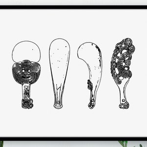May include: Four black and white line drawings of different shaped paddles. The paddles are all different sizes and have unique designs.