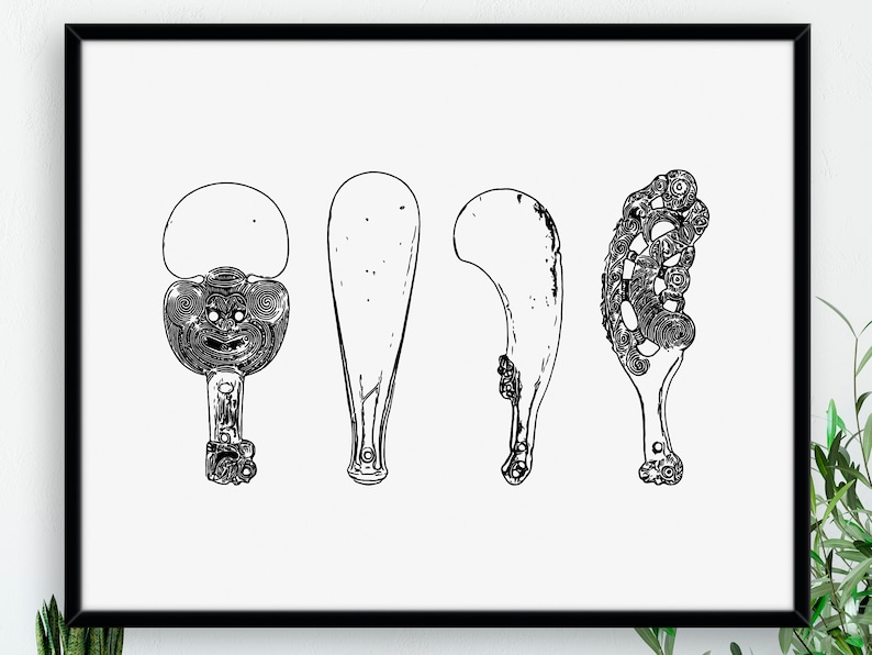 May include: Four black and white line drawings of different shaped paddles. The paddles are all different sizes and have unique designs.