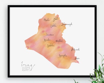 Iraq Map  / Labelled Watercolour / Digital or Printed Wall Art / Large Map Poster / Gift Idea / Giclee Print / Home Decor