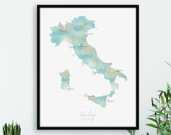 Italy Map Portrait - Labelled Watercolour