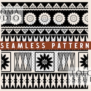 May include: A black and white seamless pattern featuring horizontal bands of geometric shapes, including stylized flowers, triangles, and vertical lines. The text LOLOMA STUDIO appears in the corners, and SEAMLESS PATTERN is centered on a brown bar.