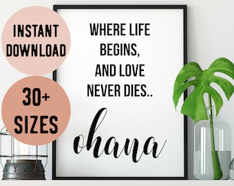 Hawaii Ohana (Family) Where Life Begins and Love Never Dies Quote Digital Print