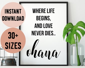 Hawaii Ohana (Family) Where Life Begins and Love Never Dies Quote Digital Print