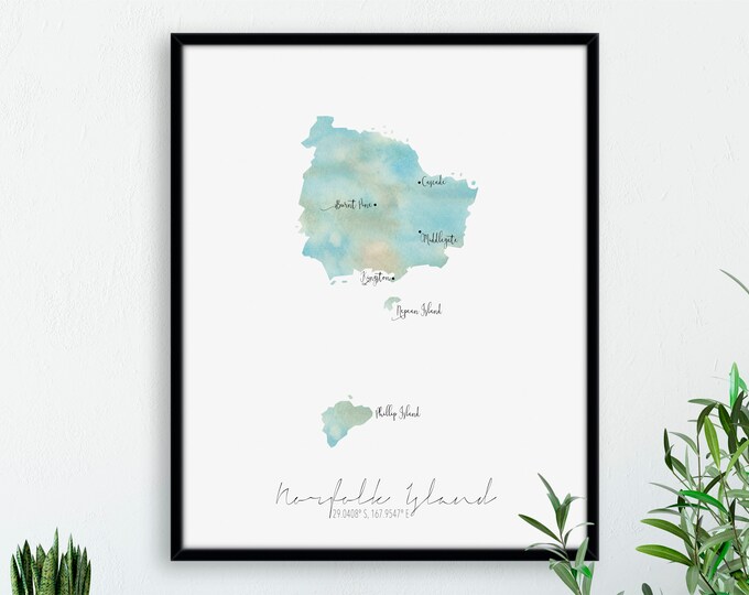 Norfolk Island Map Portrait / Labelled Watercolour