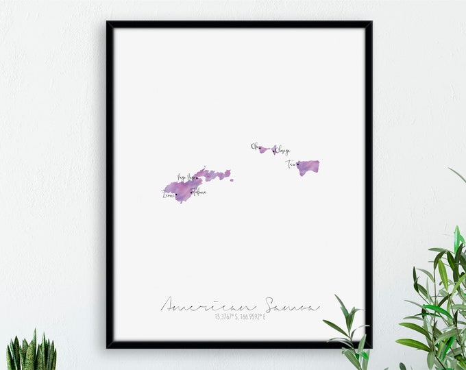 American Samoa Map Portrait / Labelled Watercolour / Digital or Printed Wall Art / Large Map Poster / Gift Idea / Giclee Print / Home Decor