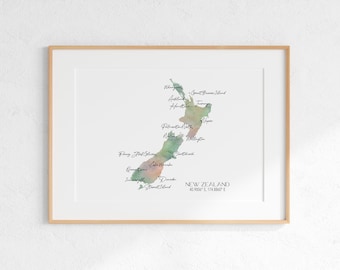 New Zealand Labelled Watercolour Landscape Map 2