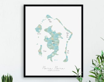 Bora Bora Map French Polynesia Portrait / Labelled Watercolour / Digital or Printed Wall Art / Large Map Poster / Gift Idea / Giclee Print