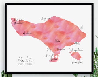 Bali Map / Indonesia / Labelled Watercolour / Digital or Printed Wall Art / Large Map Poster / Gift Idea / Giclee Print / Home Decor