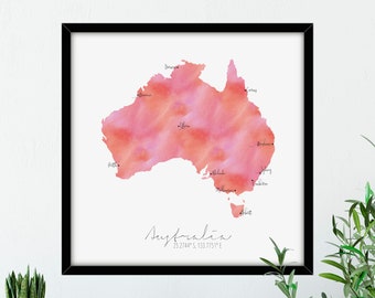 Australia Map Square / Labelled Watercolour / Digital or Printed Wall Art / Large Map Poster / Gift Idea / Giclee Print / Home Decor