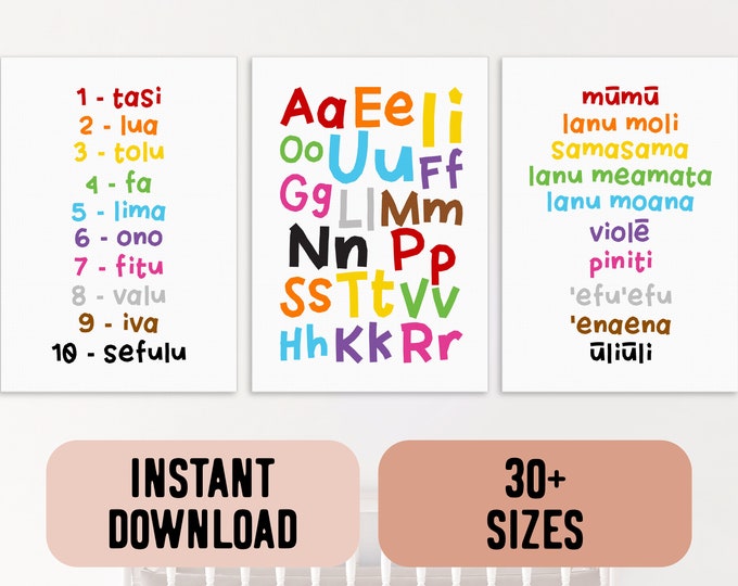 Samoa Language Rainbow Alphabet, Numbers and Colours (Set of 3) Digital Print