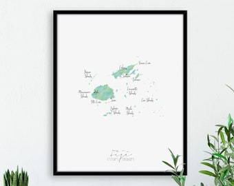 Fiji Map Portrait / Labelled Watercolour
