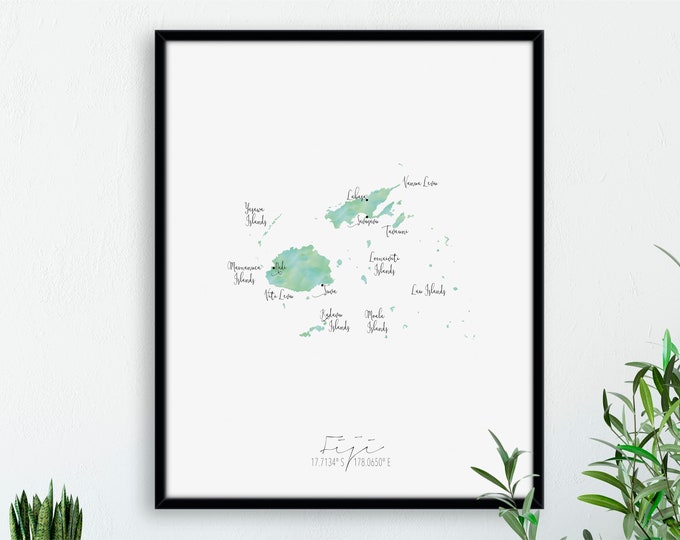 Fiji Map Portrait / Labelled Watercolour