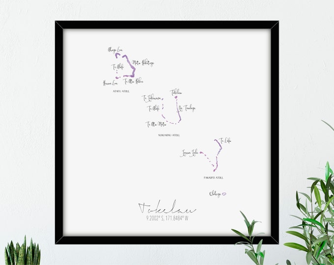 Tokelau Map Square / Labelled Watercolour / Digital or Printed Wall Art / Large Map Poster / Gift Idea / Giclee Print / Decor