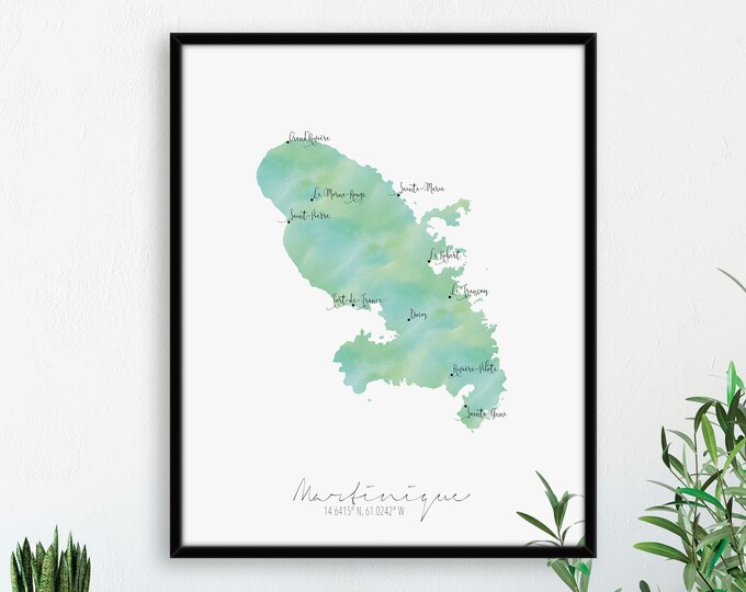Martinique Portrait Labelled Watercolour Map