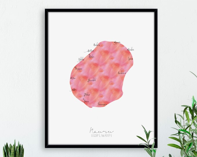 Nauru Map Portrait / Labelled Watercolour