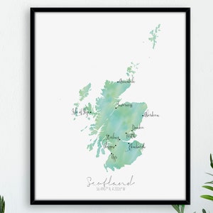 Mapa Szkocji / Etykietowana akwarela / Cyfrowa lub drukowana sztuka ścienna / Duży plakat z mapą / Pomysł na prezent / Wydruk giclee / Wystrój domu