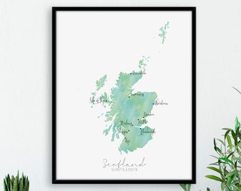 Scotland Map / Labelled Watercolour / Digital or Printed Wall Art / Large Map Poster / Gift Idea / Giclee Print / Home Decor