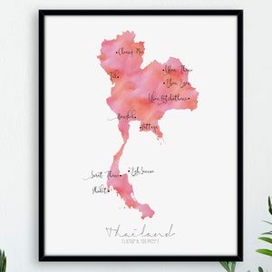 Portrait de carte de la Thaïlande / Aquarelle étiquetée / Art mural numérique ou imprimé / Grande affiche de carte / Idée cadeau / Impression jet d'encre / Décoration d'intérieur