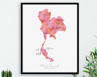 Thailand Map Portrait / Labelled Watercolour / Digital or Printed Wall Art / Large Map Poster / Gift Idea / Giclee Print / Home Decor