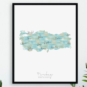 Turkije kaart portret / gelabeld aquarel / digitale of gedrukte muurkunst / grote kaart poster / cadeau-idee / giclee print / Turks Home Decor