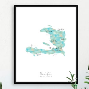 Haïti kaart portret / aquarel kaart geëtiketteerd / digitale of gedrukte muurkunst / grote kaart poster / cadeau-idee / giclee print / woondecoratie