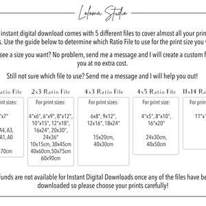 May include: A chart with a white background and black text explaining different print sizes for digital downloads. The chart is divided into five sections, each labeled with a different ratio: 5x7, 2x3, 4x3, 4x5, and 11x14. Each section lists the corresponding print sizes in inches and centimeters. The text at the top of the chart reads "Your instant digital download comes with 5 different files to cover almost all your printing needs. Use the guide below to determine which Ratio File to use for the print size you want. Don't see a size you want? No problem, send me a message and I will create a custom file for you at no extra cost. Still not sure which file to use? Send me a message and I will help you out!"